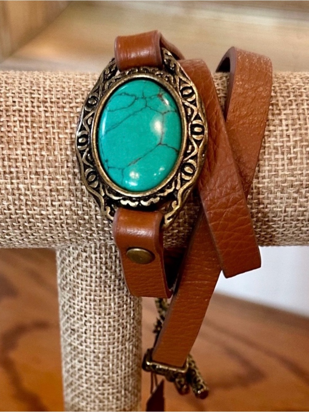 Vintage Premier Designs Brown Leather Rope Wrap Turquoise Green Bracelet